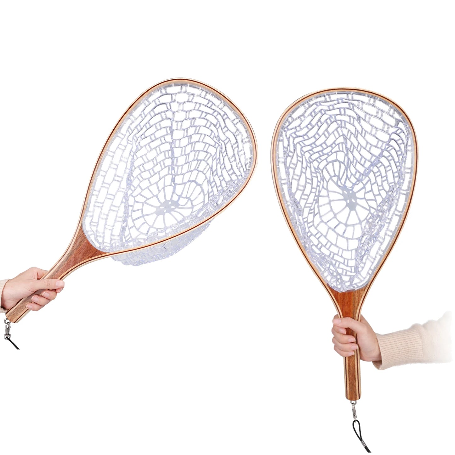 Fly Fishing Landing Nets Wooden Handle Transparent Rubber/Nylon Mesh Trout Mesh Fish Catch Release Stream River Fishing Tool