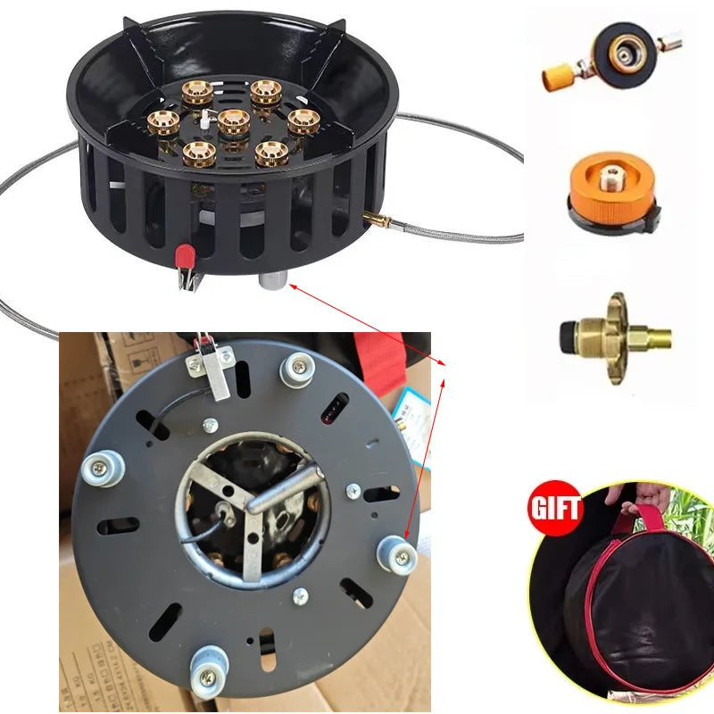 19800W 7-Core Camping Stove High-Power Strong Fire Portable Tourist Gas Burner Windproof Electronic Ignition Camping Equipment
