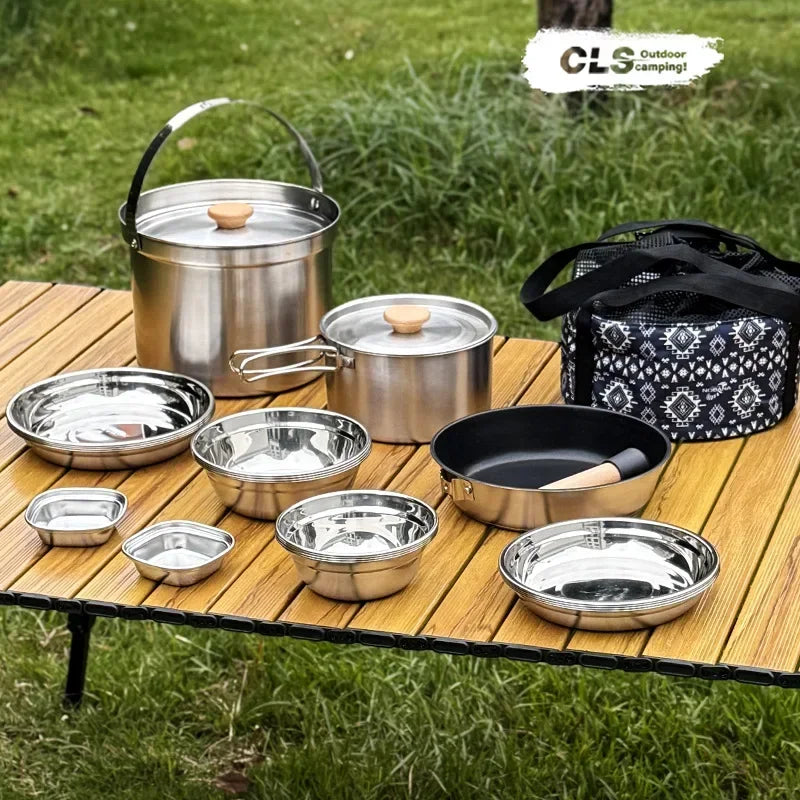 CLS 14PCS 22PCS Camping Cookware Set 304 Stainless Steel Outdoor Portable Picnic Tableware for Household Hiking Bowl Pot Set