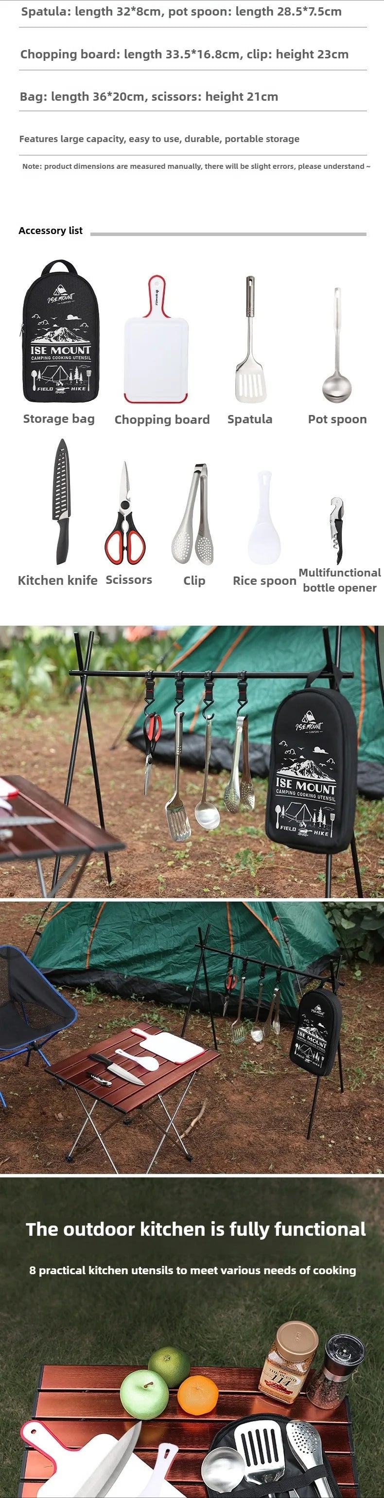 ISE MOUNT Camping Kitchen Cookware Set Travel Utensils Set 9pcs Stainless Steel Kitchenware for Backpacking BBQ Camping Picnic