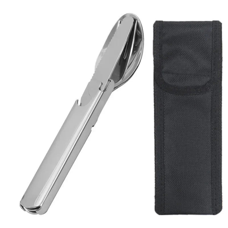 Stainless Steel Portable Tableware Outdoor Camping Multi-functional Fork Spoon Cutlery Set Military Camping Tactical Utensil Kit