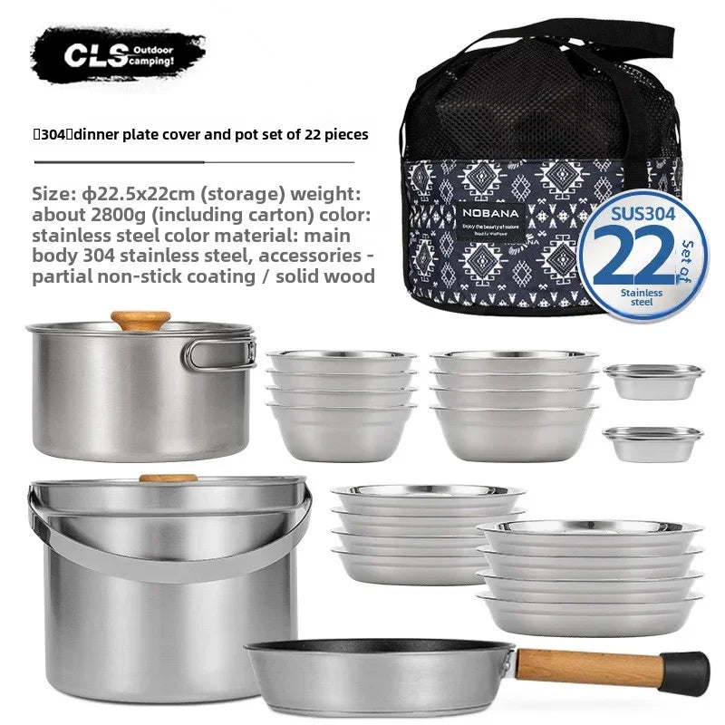 CLS 14PCS 22PCS Camping Cookware Set 304 Stainless Steel Outdoor Portable Picnic Tableware for Household Hiking Bowl Pot Set