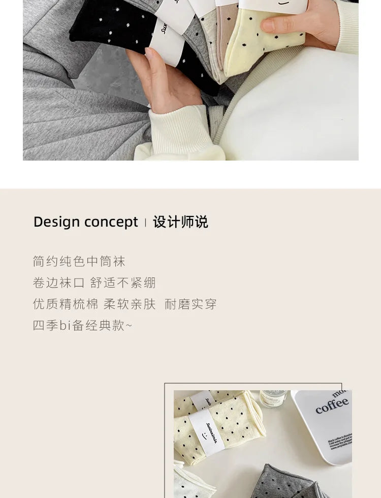Women's spring summer thin vintage cream curled-edge women's socks polka dot mid-tube socks artistic socks women