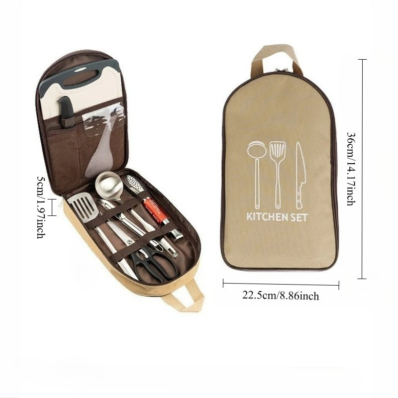 Outdoor Cookware 8-piece Set Camping Kitchen Utensils Portable Stainless Steel Tableware Camping Picnic Supplies BBQ Tools