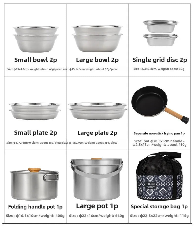 CLS 14PCS 22PCS Camping Cookware Set 304 Stainless Steel Outdoor Portable Picnic Tableware for Household Hiking Bowl Pot Set