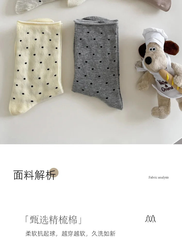 Women's spring summer thin vintage cream curled-edge women's socks polka dot mid-tube socks artistic socks women