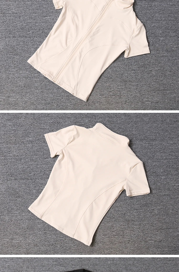 Summer High Quality Waist Slimming Training Tops Women's Quick-drying Tight Stand Collar Full Zipper Short Sleeves Yoga shirts