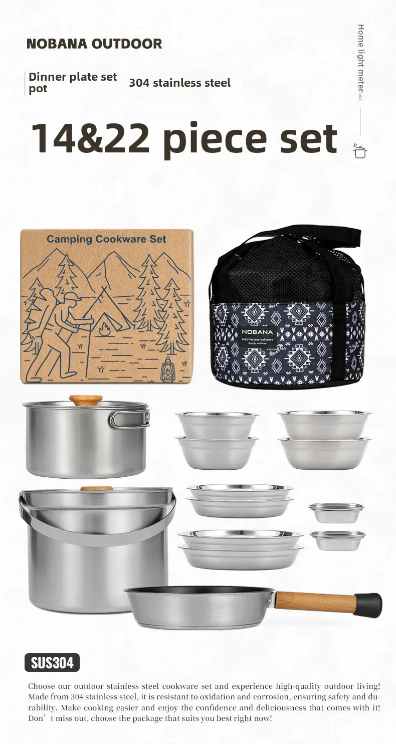 CLS 14PCS 22PCS Camping Cookware Set 304 Stainless Steel Outdoor Portable Picnic Tableware for Household Hiking Bowl Pot Set