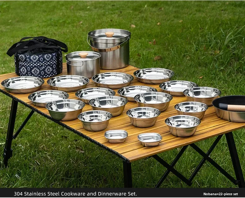 CLS 14PCS 22PCS Camping Cookware Set 304 Stainless Steel Outdoor Portable Picnic Tableware for Household Hiking Bowl Pot Set