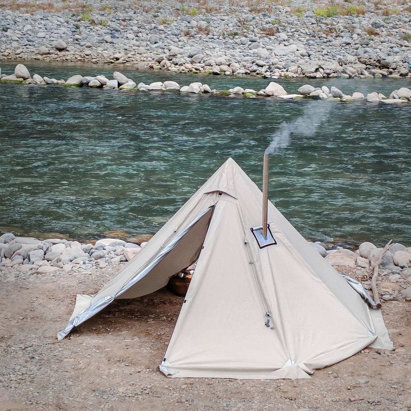 PAKICETUS Hot Tent with chimney mouth and snow skirt，5.24ft~7.21ft Standing Room，2-4 Person, 4 Season Backpacking Tent, Tipi Ten