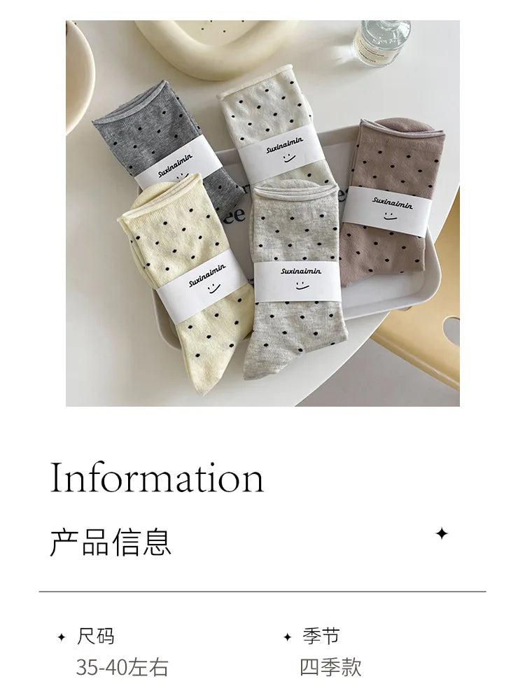Women's spring summer thin vintage cream curled-edge women's socks polka dot mid-tube socks artistic socks women