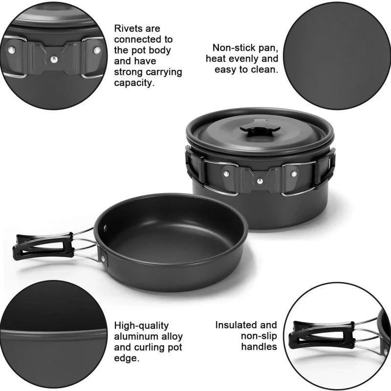 2026 NEW Outdoor Camping Cookware Set for 2-3 Persons Including Folding Pot Kettle with Tableware Portable Backpacking Stove Kit