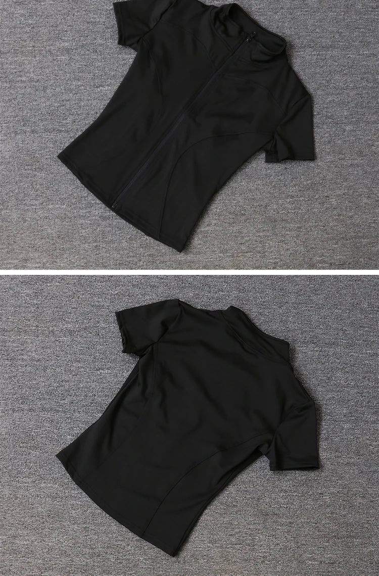 Summer High Quality Waist Slimming Training Tops Women's Quick-drying Tight Stand Collar Full Zipper Short Sleeves Yoga shirts