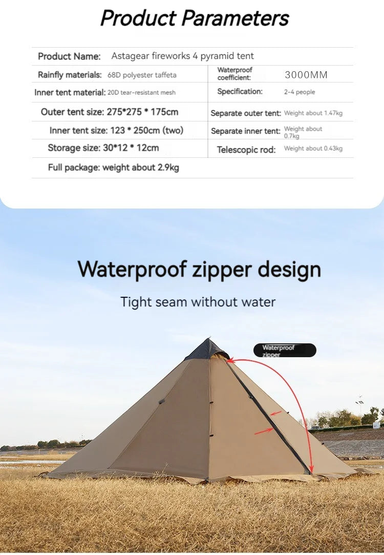 ASTA GEAR Fk 4 Camping pyramid ultralight tent can burn firewood, stove with snow skirt