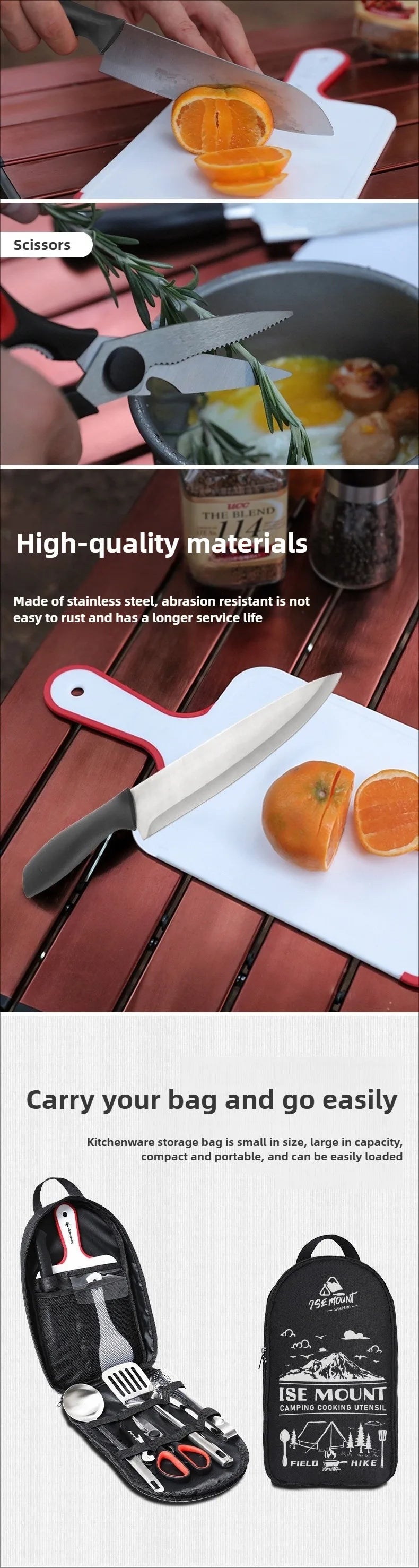 ISE MOUNT Camping Kitchen Cookware Set Travel Utensils Set 9pcs Stainless Steel Kitchenware for Backpacking BBQ Camping Picnic