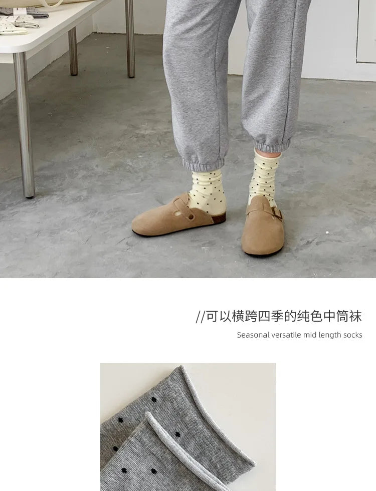 Women's spring summer thin vintage cream curled-edge women's socks polka dot mid-tube socks artistic socks women