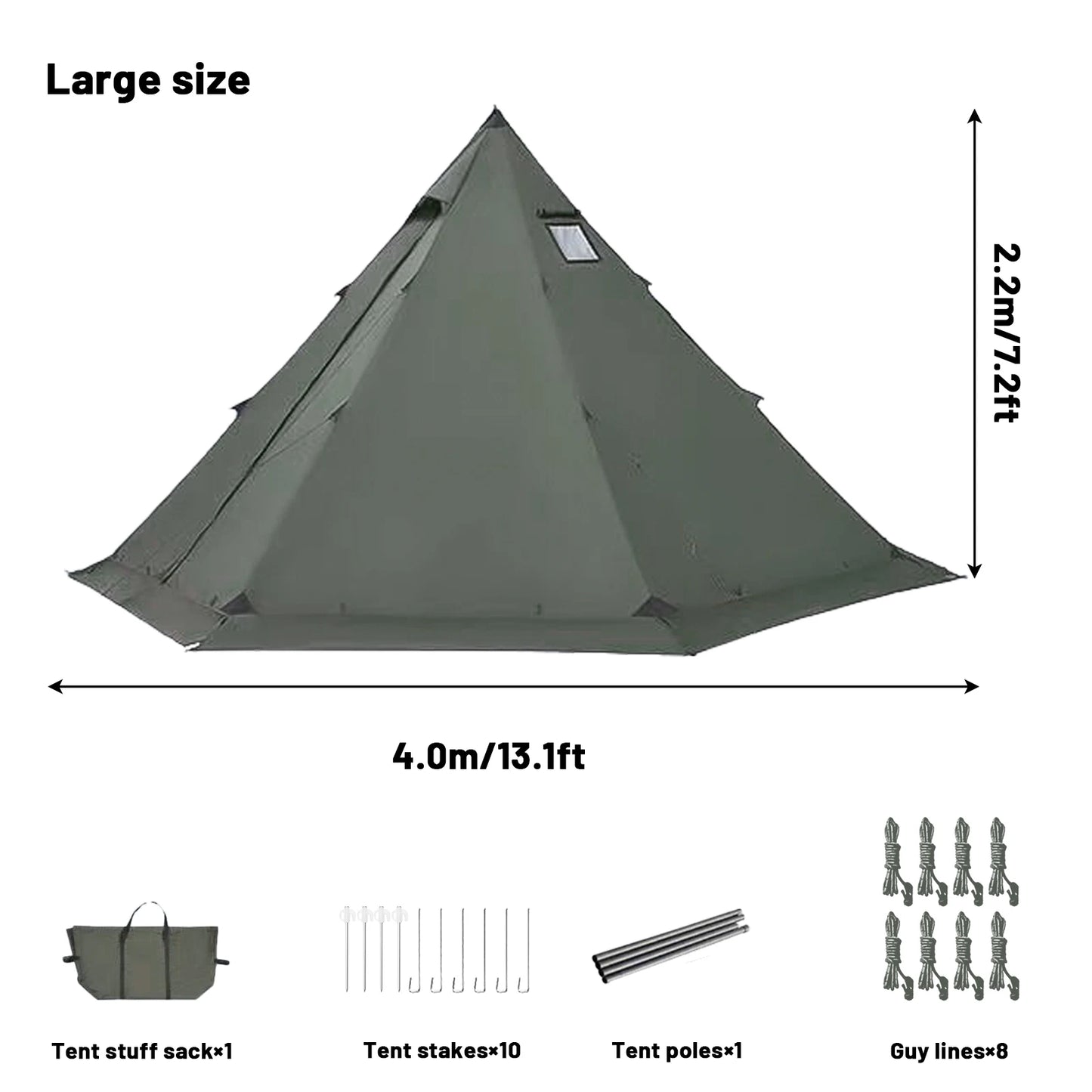 PAKICETUS Hot Tent with chimney mouth and snow skirt，5.24ft~7.21ft Standing Room，2-4 Person, 4 Season Backpacking Tent, Tipi Ten