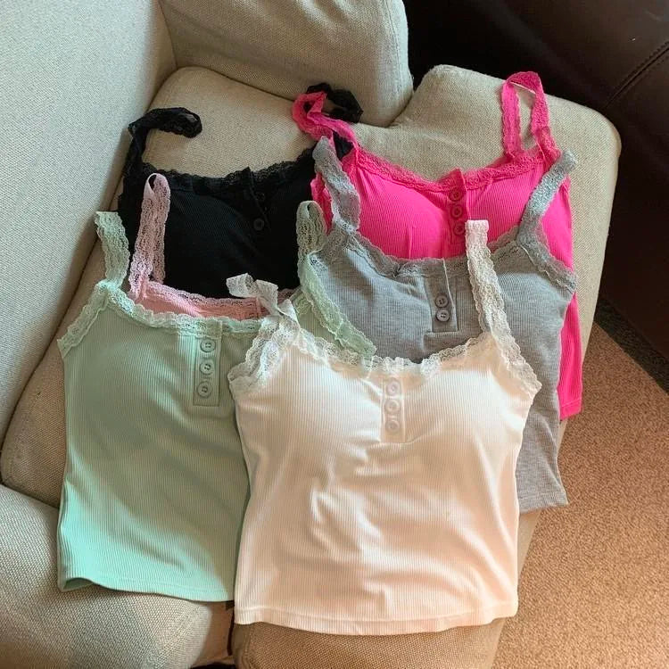 Coquette Y2k Crop Top Summer Lace Tank Top Women Cropped Cute Camis Sexy White Crop Tops Female Korean Sleeveless Black Vest