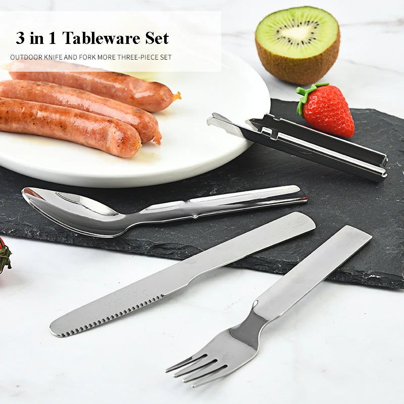 Stainless Steel Portable Tableware Outdoor Camping Multi-functional Fork Spoon Cutlery Set Military Camping Tactical Utensil Kit