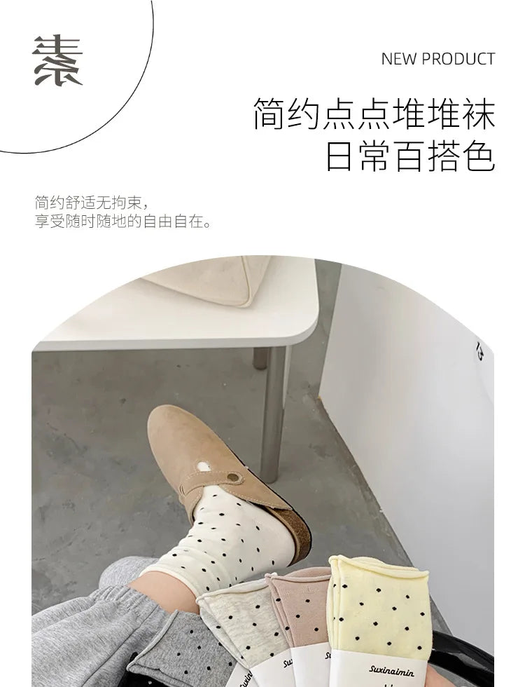 Women's spring summer thin vintage cream curled-edge women's socks polka dot mid-tube socks artistic socks women