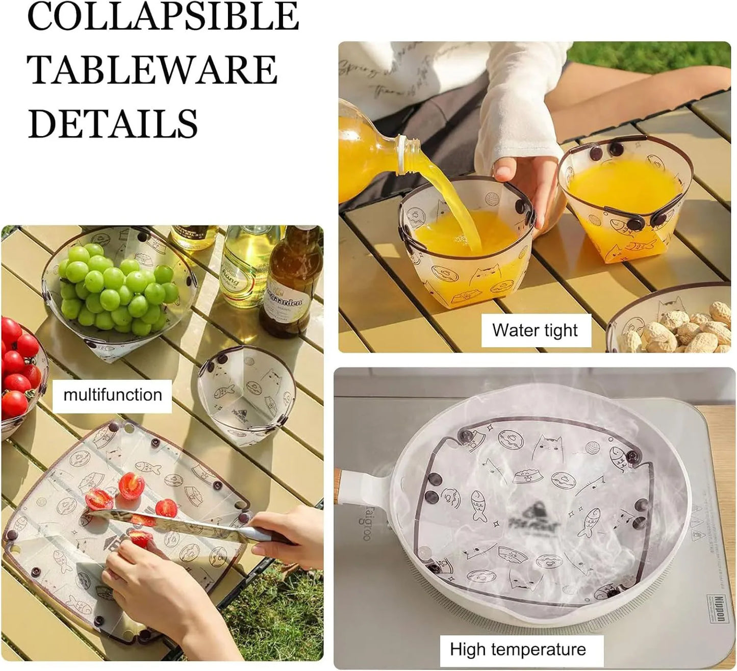 Portable Camping Tableware Set of 3/6 Pieces, Folding Plate,Bowl, Water Cup,Easy-Clean,Ultra-Light, Heat-Resistant,Collapsible