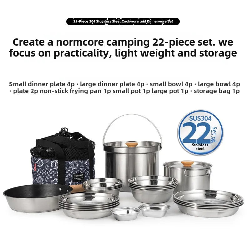 CLS 14PCS 22PCS Camping Cookware Set 304 Stainless Steel Outdoor Portable Picnic Tableware for Household Hiking Bowl Pot Set