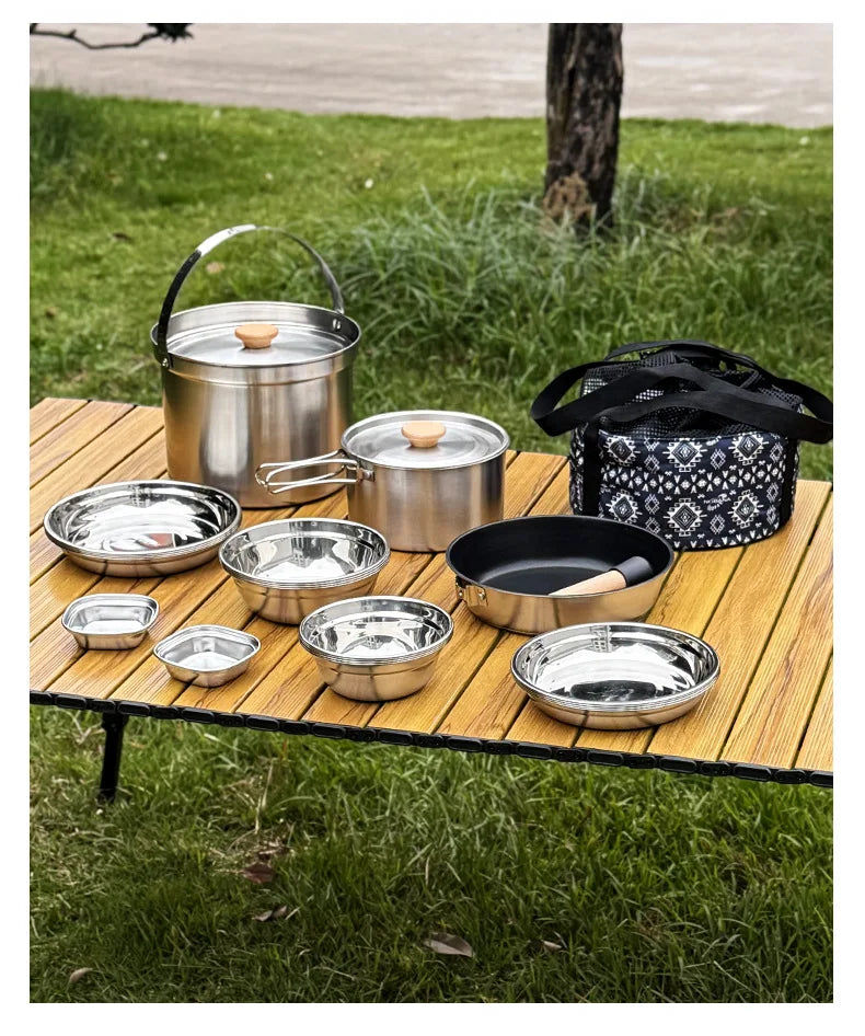CLS 14PCS 22PCS Camping Cookware Set 304 Stainless Steel Outdoor Portable Picnic Tableware for Household Hiking Bowl Pot Set