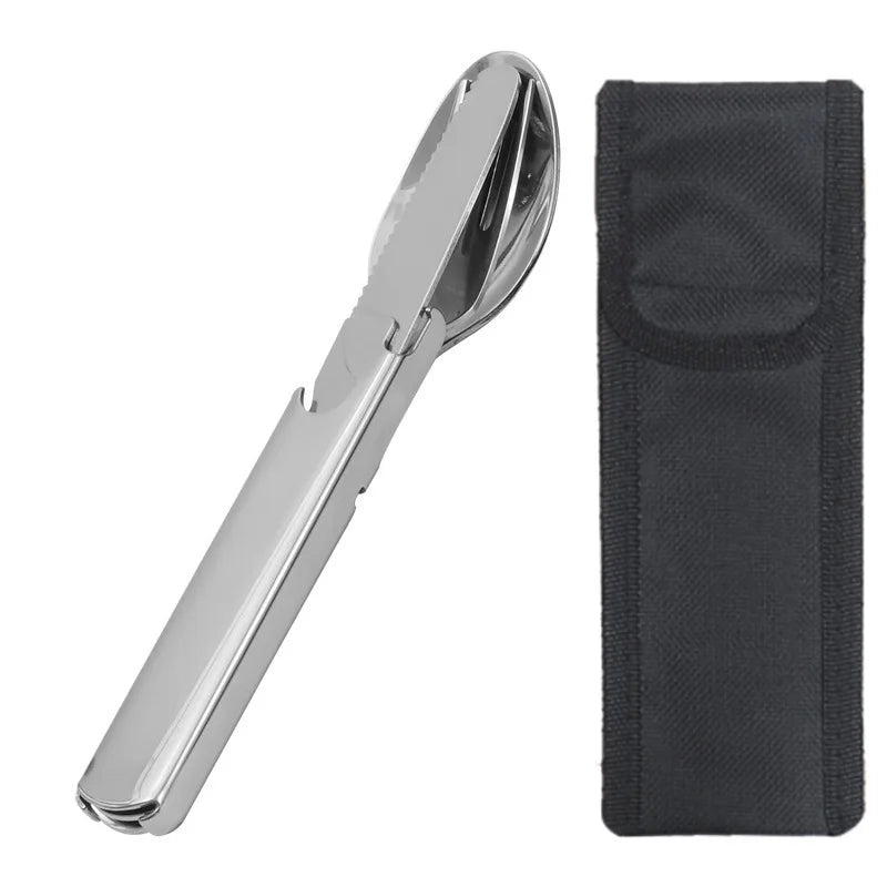 Stainless Steel Portable Tableware Outdoor Camping Multi-functional Fork Spoon Cutlery Set Military Camping Tactical Utensil Kit