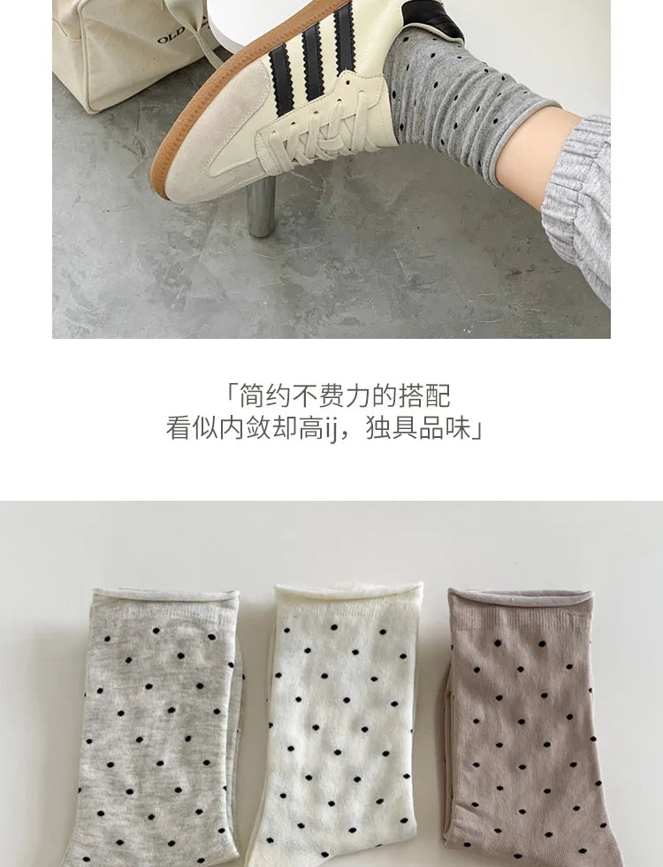 Women's spring summer thin vintage cream curled-edge women's socks polka dot mid-tube socks artistic socks women