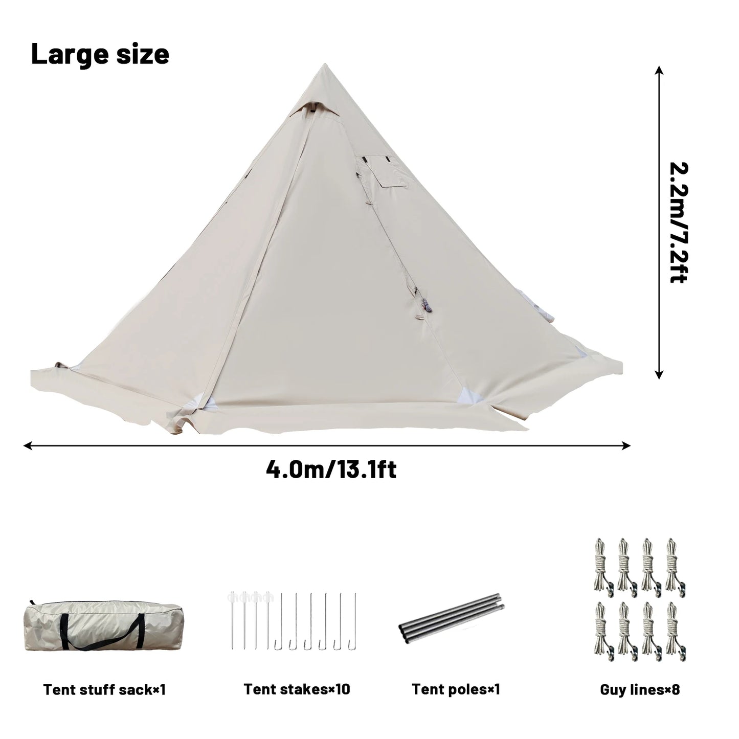 PAKICETUS Hot Tent with chimney mouth and snow skirt，5.24ft~7.21ft Standing Room，2-4 Person, 4 Season Backpacking Tent, Tipi Ten