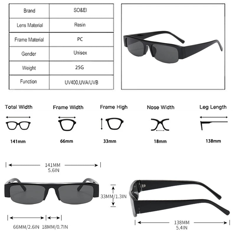 SO&EI New Small Rectangle Women Sunglasses Vintage Clear Lens Men Half Frame Eyewear Shades UV400