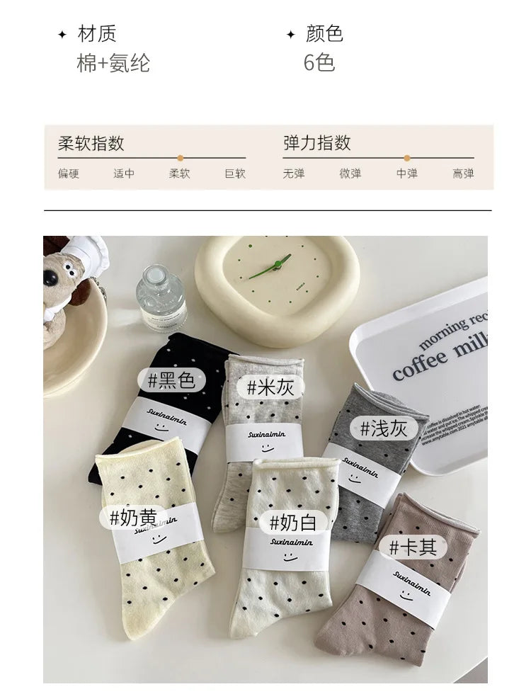 Women's spring summer thin vintage cream curled-edge women's socks polka dot mid-tube socks artistic socks women