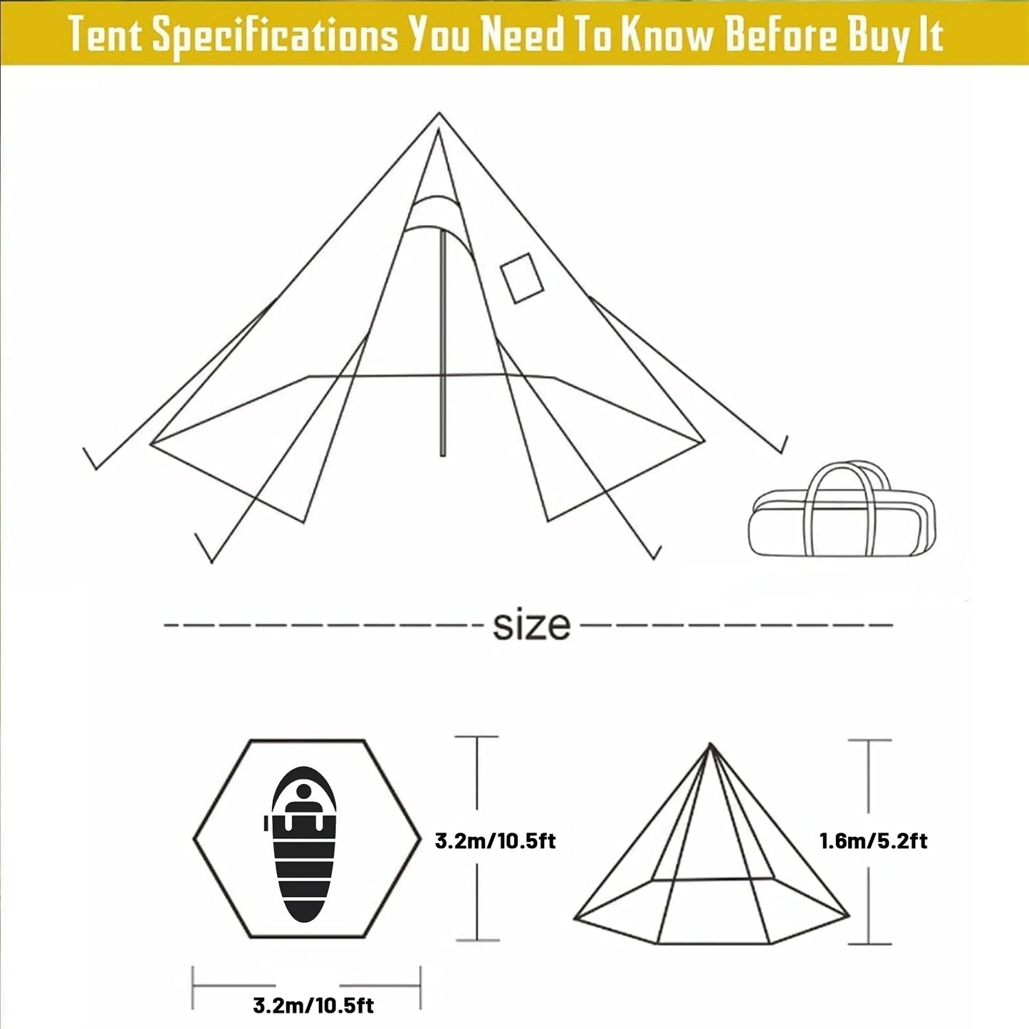PAKICETUS Hot Tent with chimney mouth and snow skirt，5.24ft~7.21ft Standing Room，2-4 Person, 4 Season Backpacking Tent, Tipi Ten