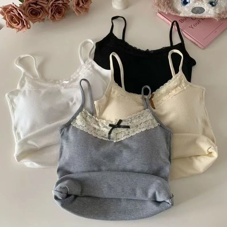 Coquette Y2k Crop Top Summer Lace Tank Top Women Cropped Cute Camis Sexy White Crop Tops Female Korean Sleeveless Black Vest